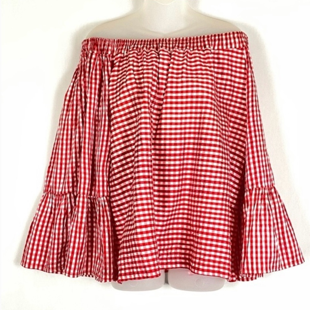 Lena Medoyeff Off The Shoulder Gingham Blouse 100% Silk Red White check size S